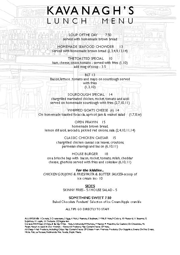 image of Kavanaghs lunch menu
